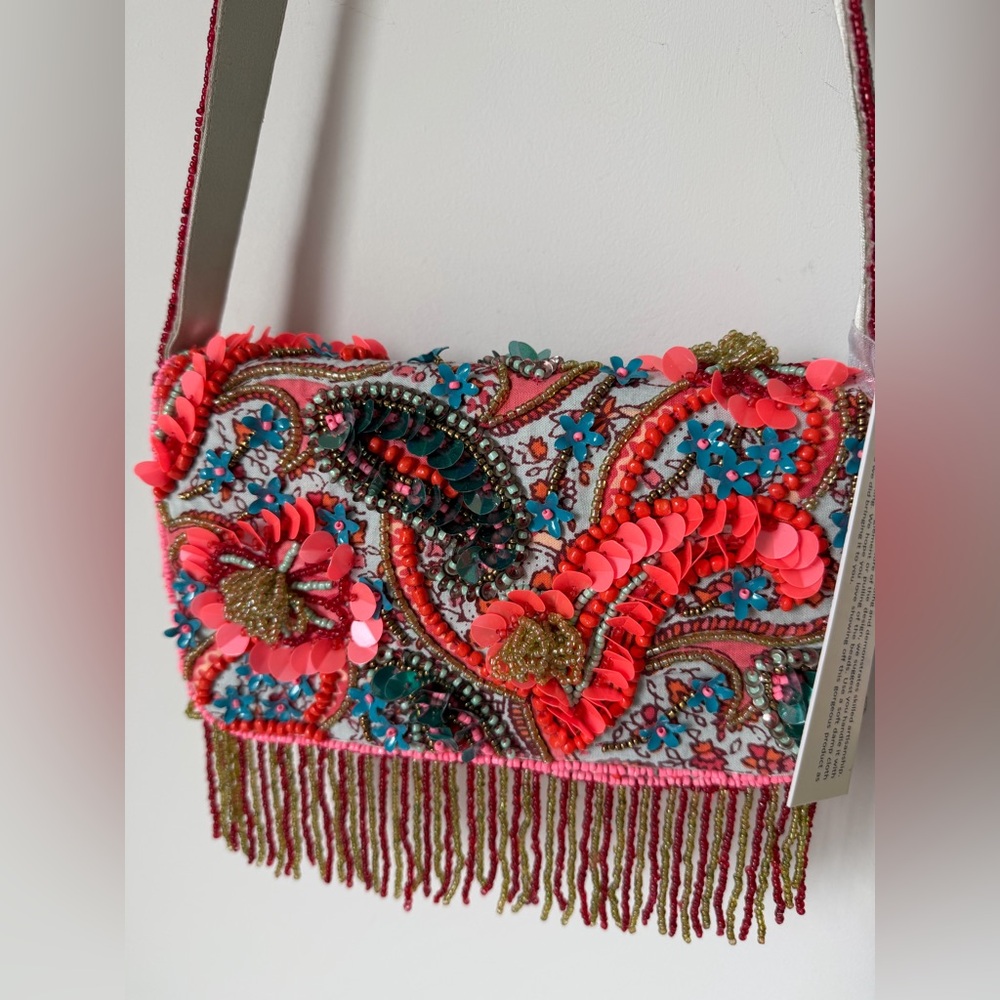 Viral beaded paisley colorful orange fringe Shoulder Bag - Picture 2 of 5